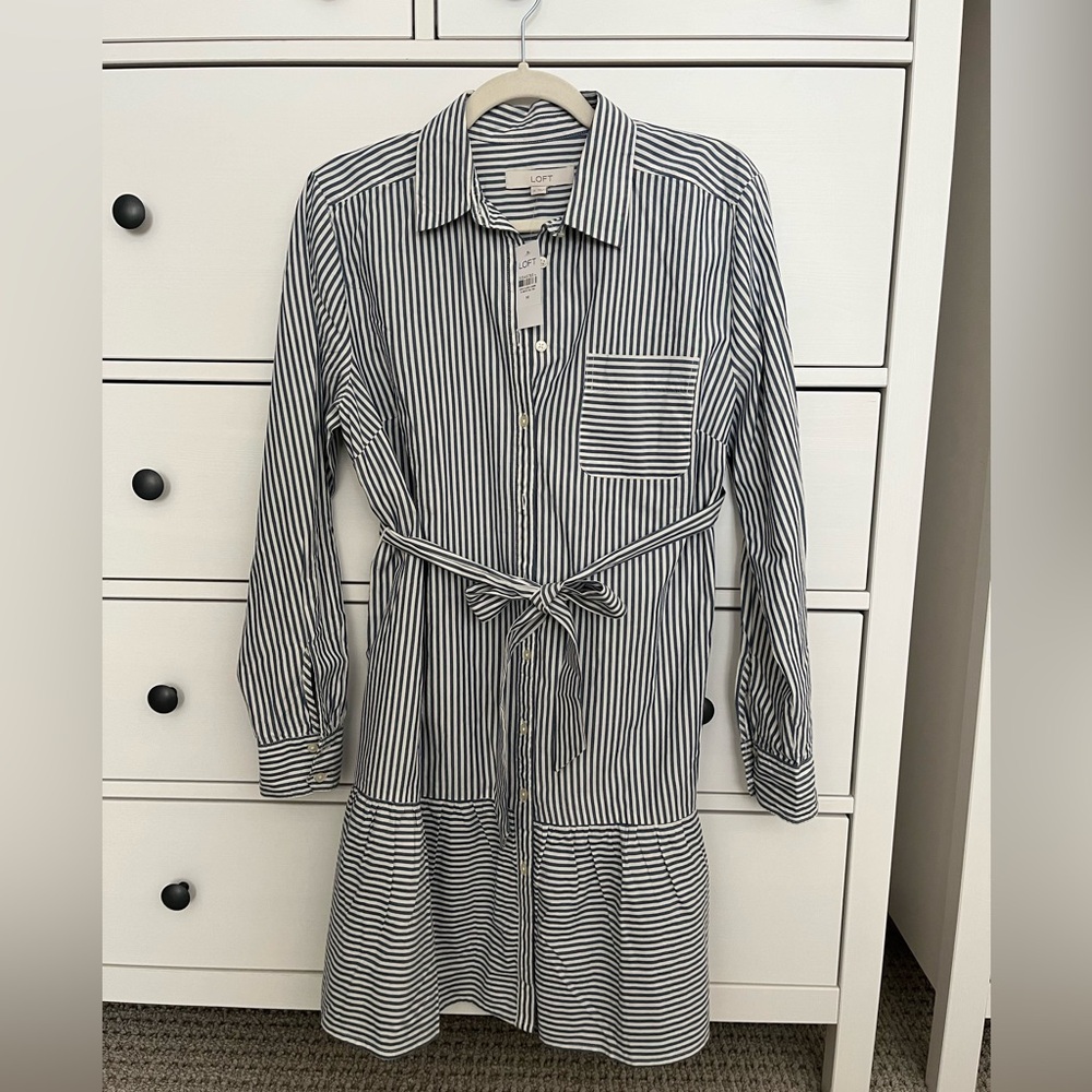 Loft Blue & White Striped Flounce Shirtdress. Size M. BNWT